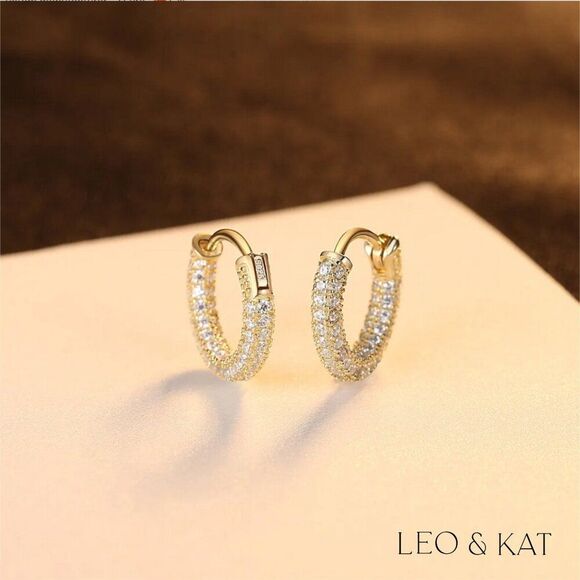 Elegant Pave Huggie Earrings in Gold & Silver. 925 Sterling Silver. #1004 - Picture 2 of 7